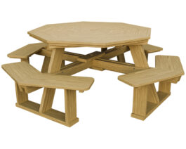5ft Octagonal Picnic Table w Attached Seats Golden Oak Front Right.