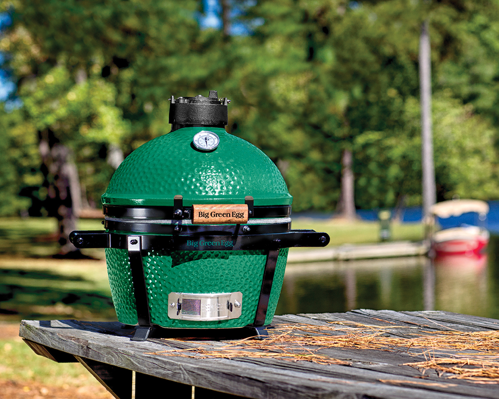 MiniMax Big Green Egg on a picnic table by a lake.
