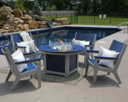 Donoma Round Fire Pit, in Navy Blue on Light Gray.