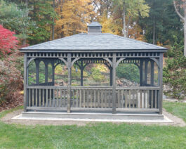 Wooden rectangular gazebo.