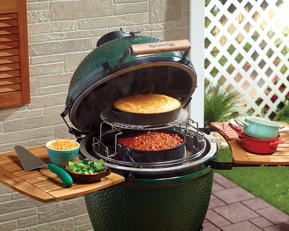 Cornbread and chili cooking on a Big Green Egg extender set.