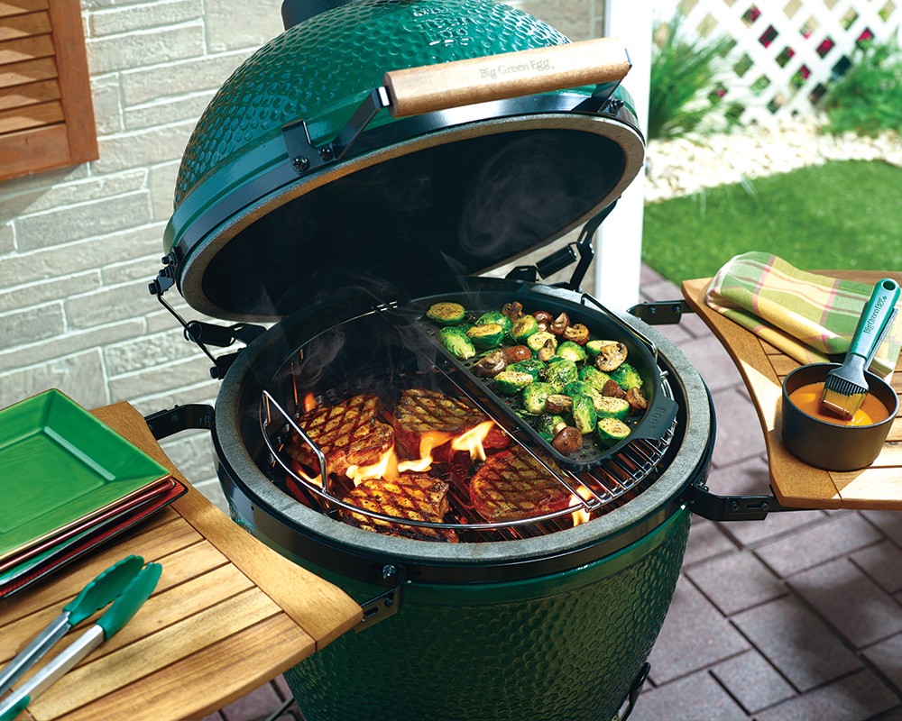 Steak and vegetable grilling in a Big Green Egg.