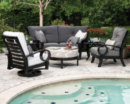 Eclipse sectionals, lounge chair, swivel lounge chair, and circular ottoman on a patio next to a pool.