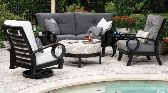 Eclipse sectionals, lounge chair, swivel lounge chair, and circular ottoman on a patio next to a pool.