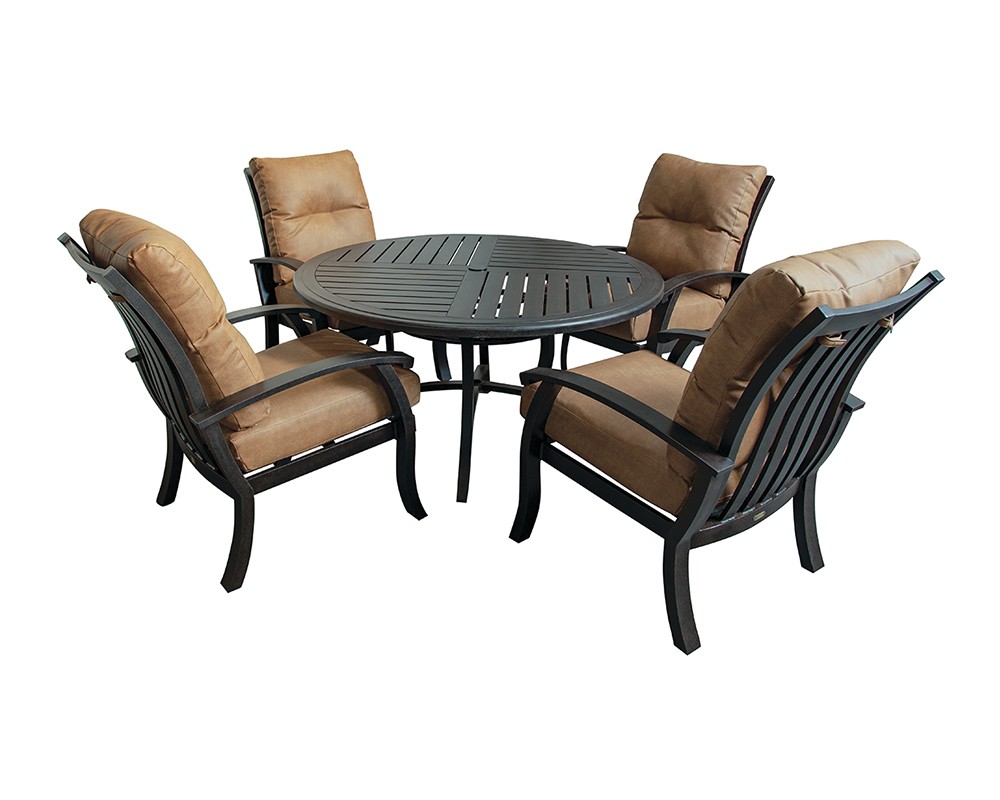 Black Georgetown Fulton table and chair set with light brown cushions.