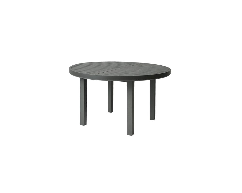 Black Trinidad 48" R dining table 3000 base and slatted top.