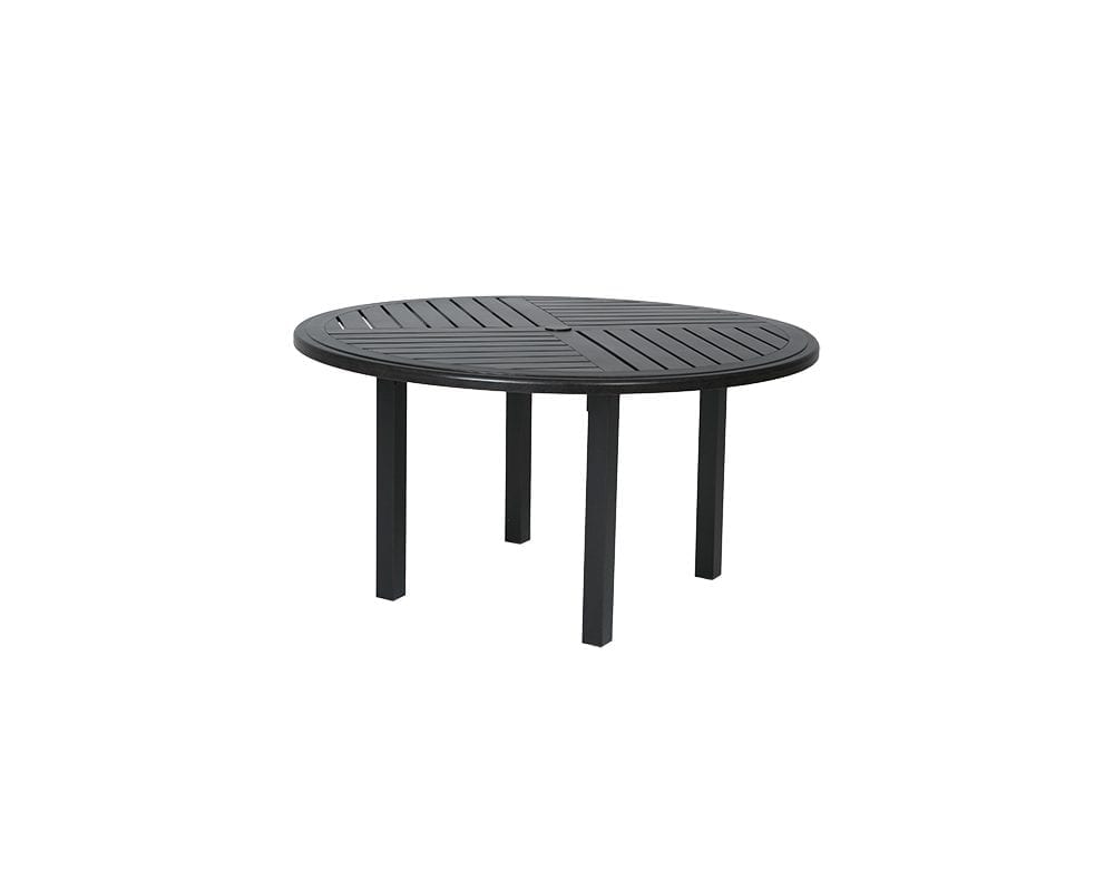 Black Trinidad 54" R dining table with 3000 base and F slatted top.