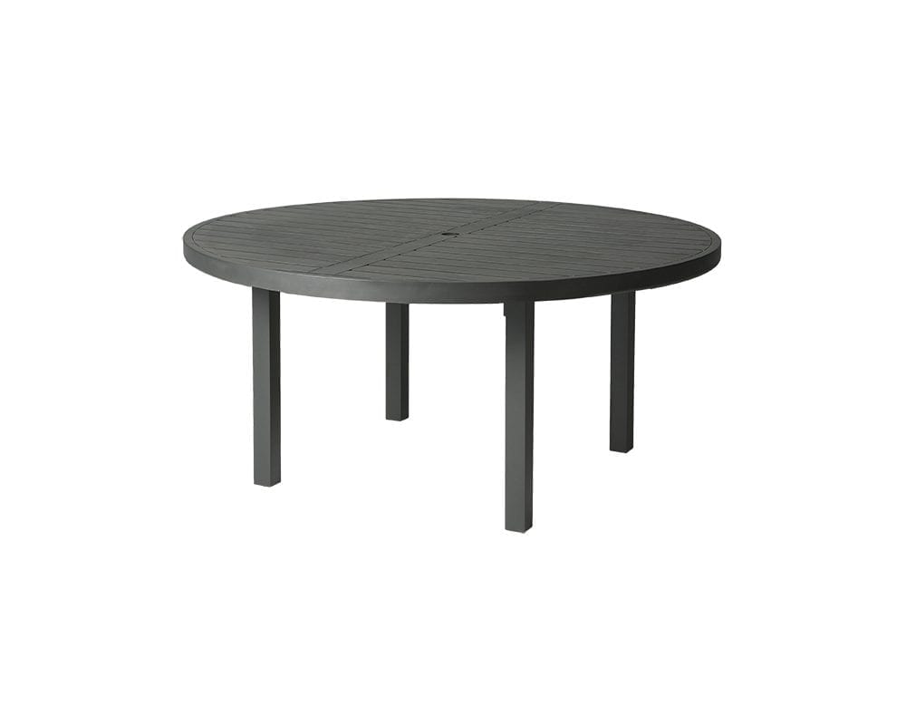 Black Trinidad 60" R dining table with 3000 base and slatted top.