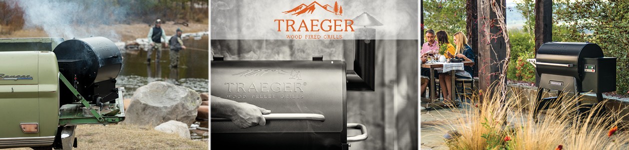 Traeger wood fired grills in 3 different camping settings.