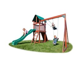 Challenger wooden play set with a green roof, slide, and swings.