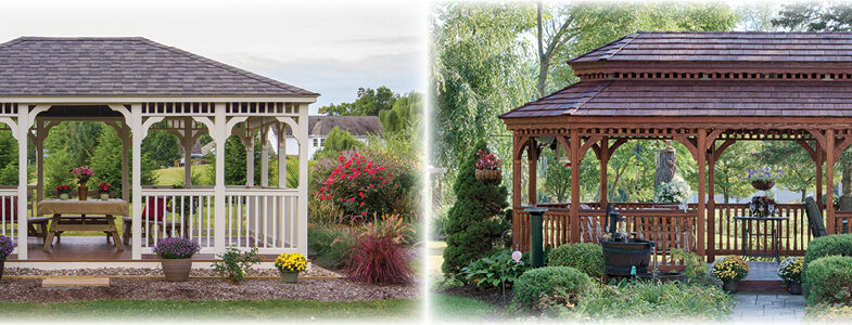 Rectangular Country Style Vinyl Gazebo and an Oval New England Style Wooden Gazebo Rectangular Country Style Vinyl Gazebo and an Oval New England Style Wooden Gazebo.