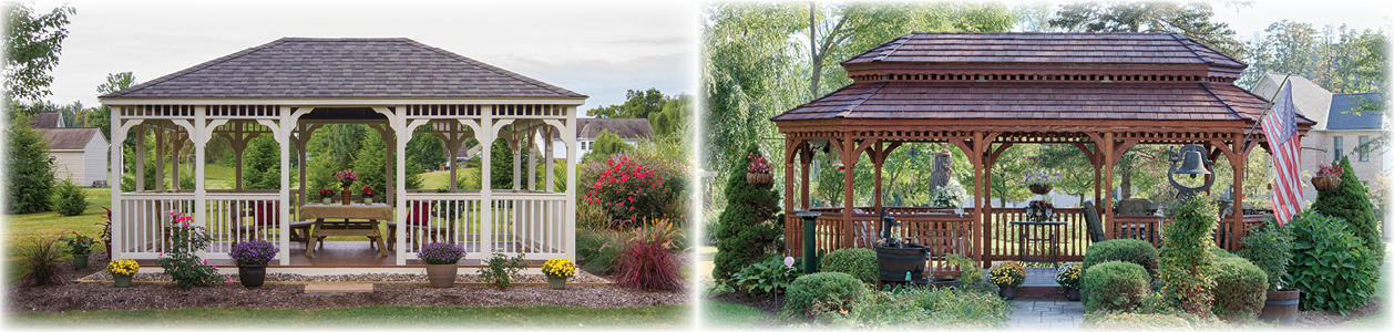 Rectangular Country Style Vinyl Gazebo and an Oval New England Style Wooden Gazebo.