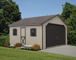 12x20 Painted Cape Garage in Pequea Tan Siding, Dark Brown Trim, Driftshake Shingles in a backyard.
