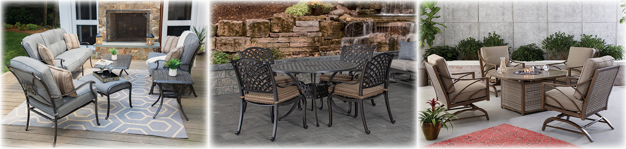 Madison Lounge Furniture, New Providence 48" Round Table Set, Potomac Fire Set.