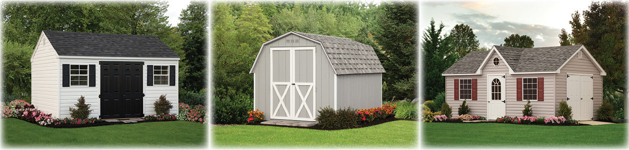 A-Frame Vinyl Shed, Mini Barn Painted Shed, Cape Vinyl Shed with Dormer.