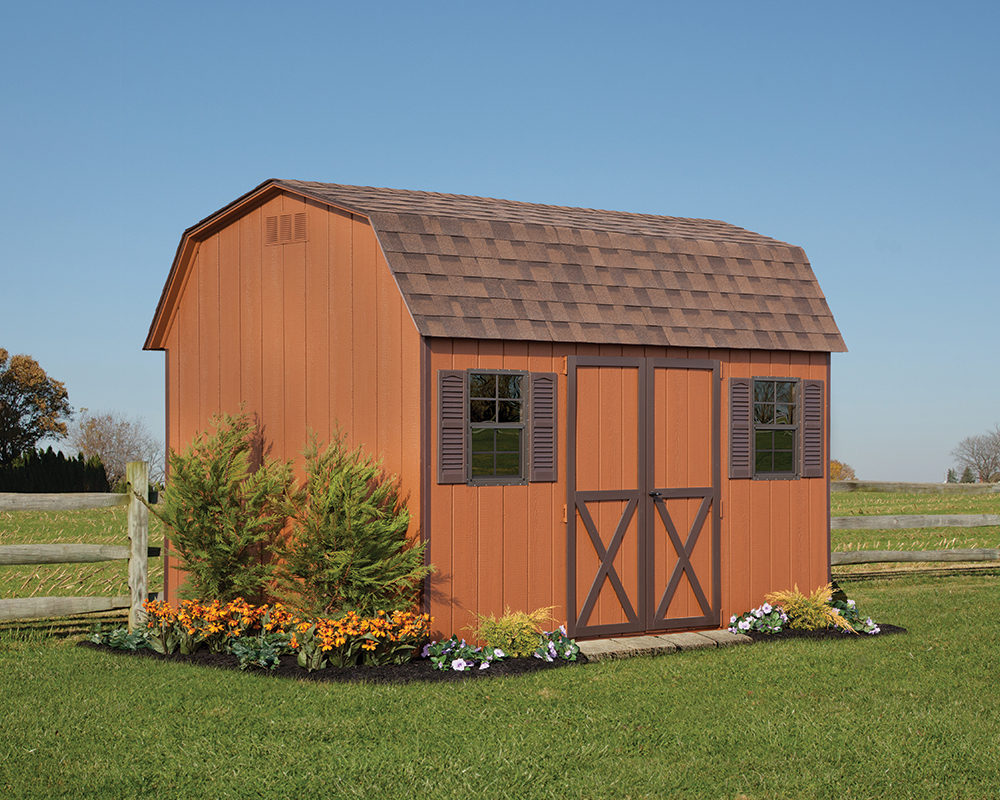 8x12 Painted Dutch Barn in Chestnut Siding, Dark Brown Trim, and Shadow Brown Shingles in backyard.