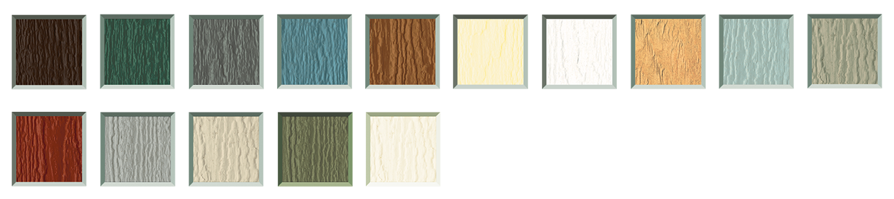 Dura-temp shed siding color swatches, brown, green, grey, blue, chestnut, beige, white, cwf, light blue, clay, red, light grey, almond, avocado, navajo white.