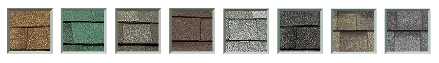 Shingle shed color swatches, cedar, green, driftwood, brown, grey, black, weatherwood, charcoal grey.