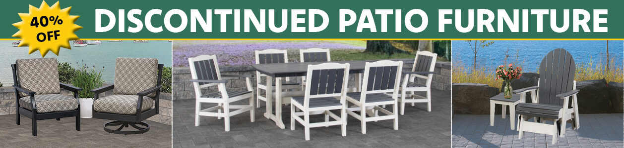 2023 AEL Discontinued Poly Furniture Slider with lounge chairs, a dining set, and a single glider.