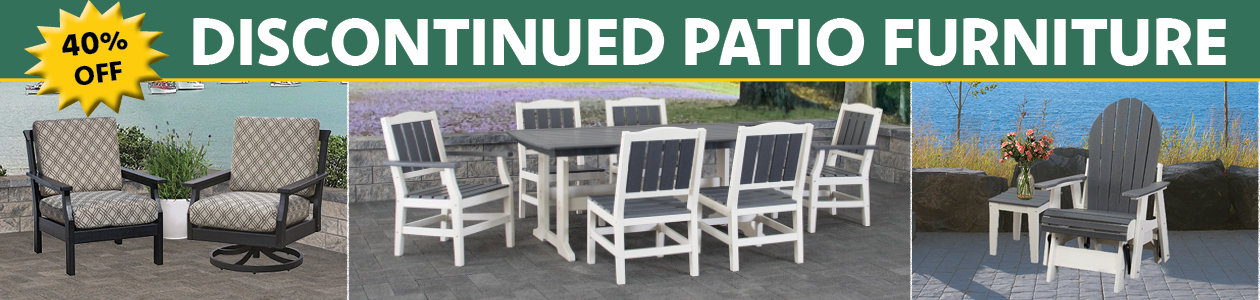 2023 AEL Discontinued Poly Furniture Slider with lounge chairs, a dining set, and a single glider.