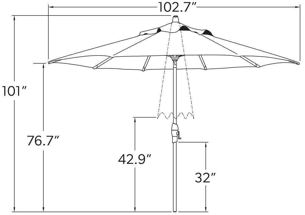 9' Auto Tilt Umbrella Dimensions.