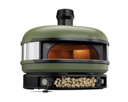 Gozney Dome Pizza Oven in Olive Green, side angle view.