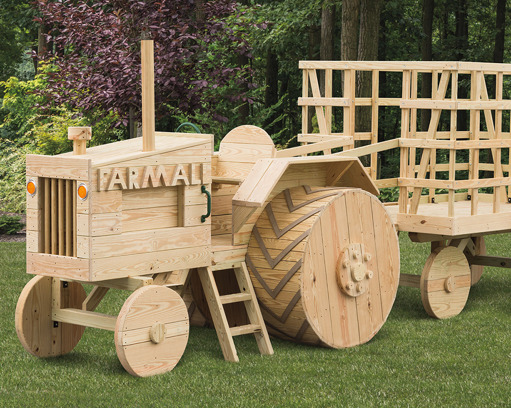 Quality Hillside Wooden Tractor & Wagon Playset, detail shot.