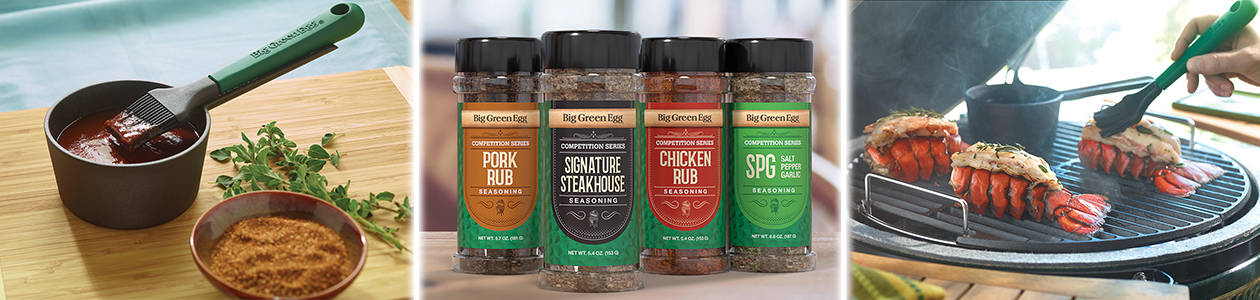 Three picture banner featuring Big Green Egg sauces and spices.