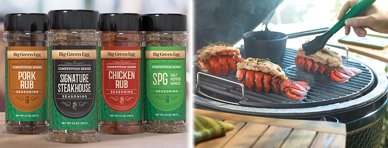 Two picture banner featuring Big Green Egg sauces and spices.