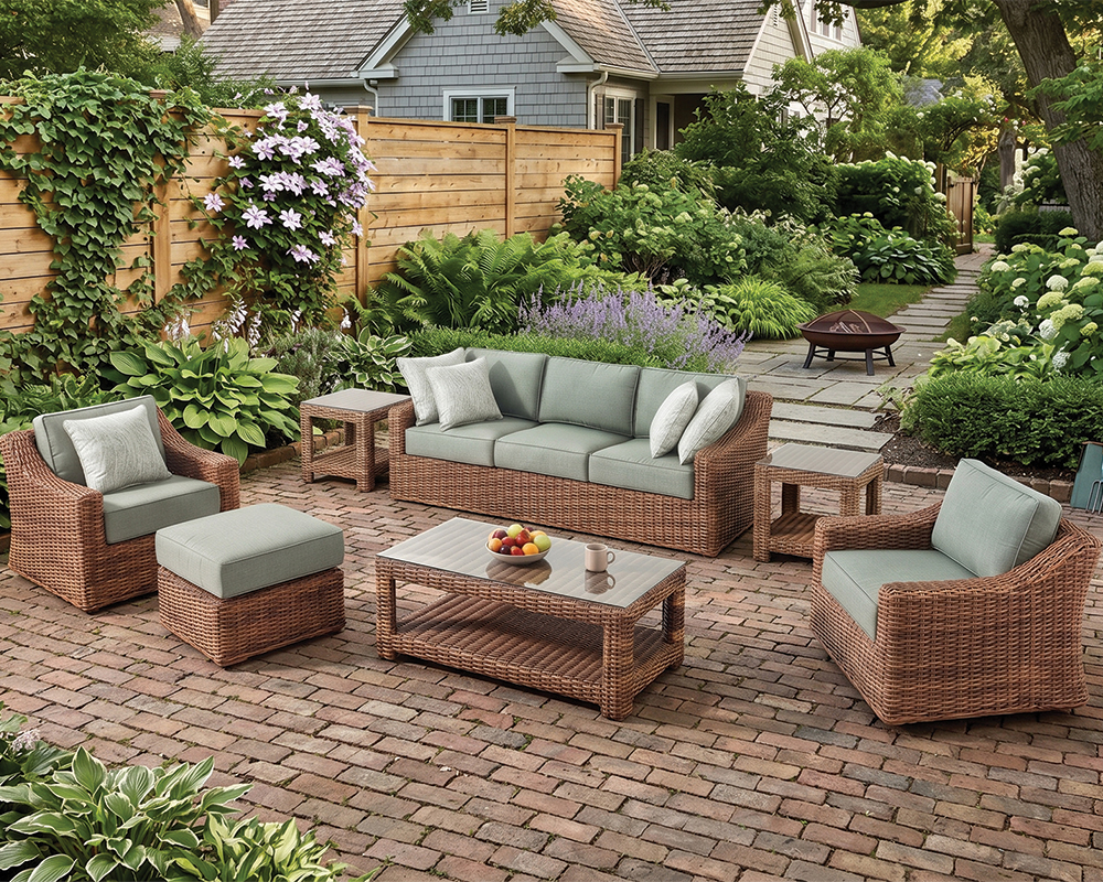 Miramar wicker sofa, chairs, ottoman, coffee table, and two end tables on a cozy brick backyard patio.