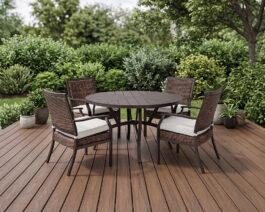 Trenton 48 Round Set on a deck with trees and bushes.